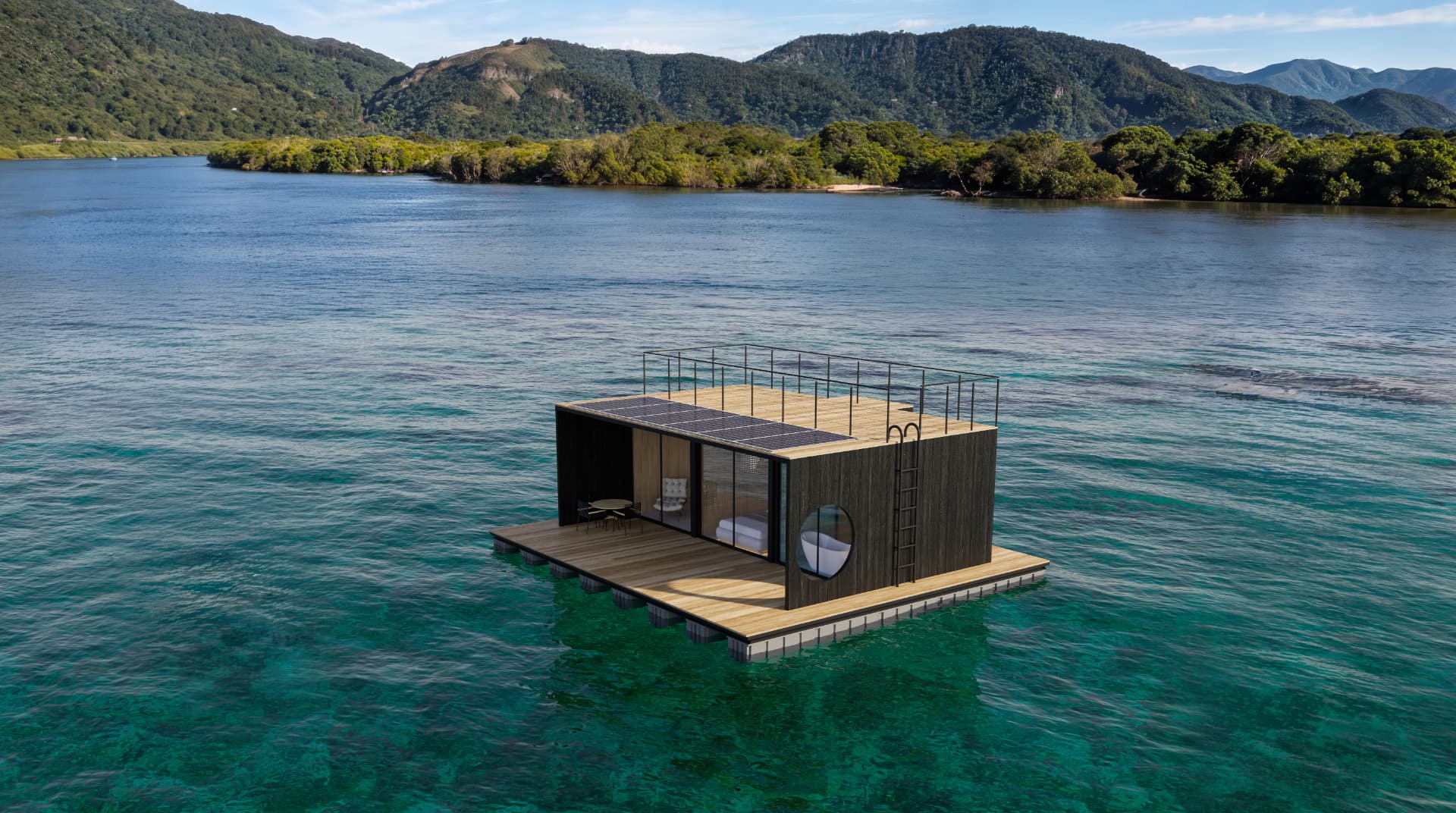 Casa flutuante contemporânea sobre águas cristalinas
